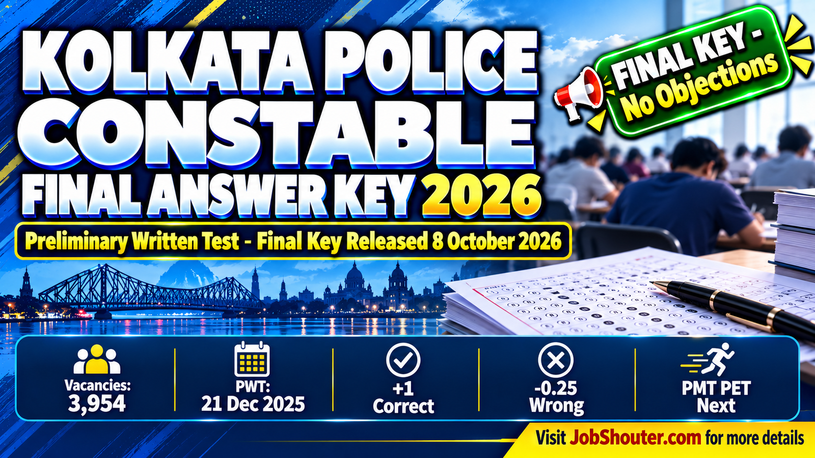 West Bengal Police Recruitment Board WBPRB Kolkata Police Constable and Lady Constable Recruitment 2024 final answer key released 8 October 2026 on prb wb gov in for Preliminary Written Test held 21 December 2025 covering 3954 vacancies PMT PET next stage