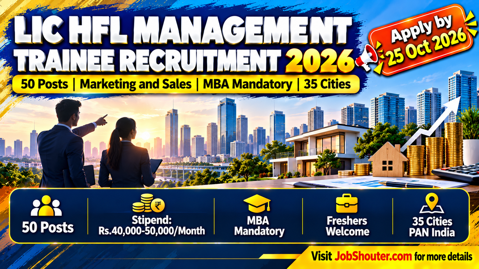 LIC Housing Finance Limited LIC HFL Management Trainee Marketing and Sales Recruitment 2026 for 50 posts one-year training programme stipend Rs 40000 to Rs 50000 per month MBA mandatory freshers eligible 35 cities across India 2-year service bond apply online by 25 October 2026 lichousing com careers