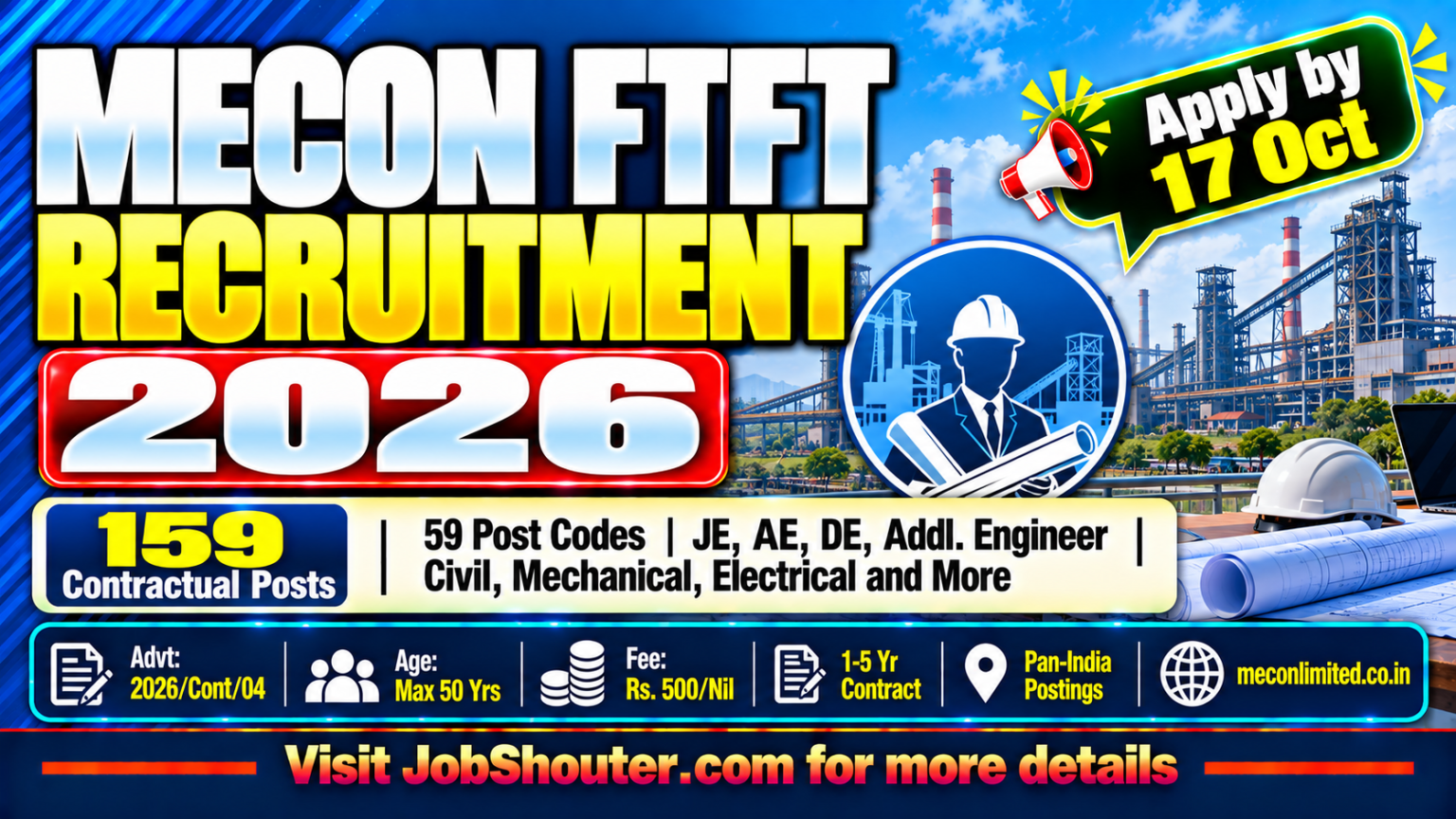 Civil Engineering Key Notes MECON FTFT Recruitment 2026 - Apply for 159 Engineering Posts by 17 Oct