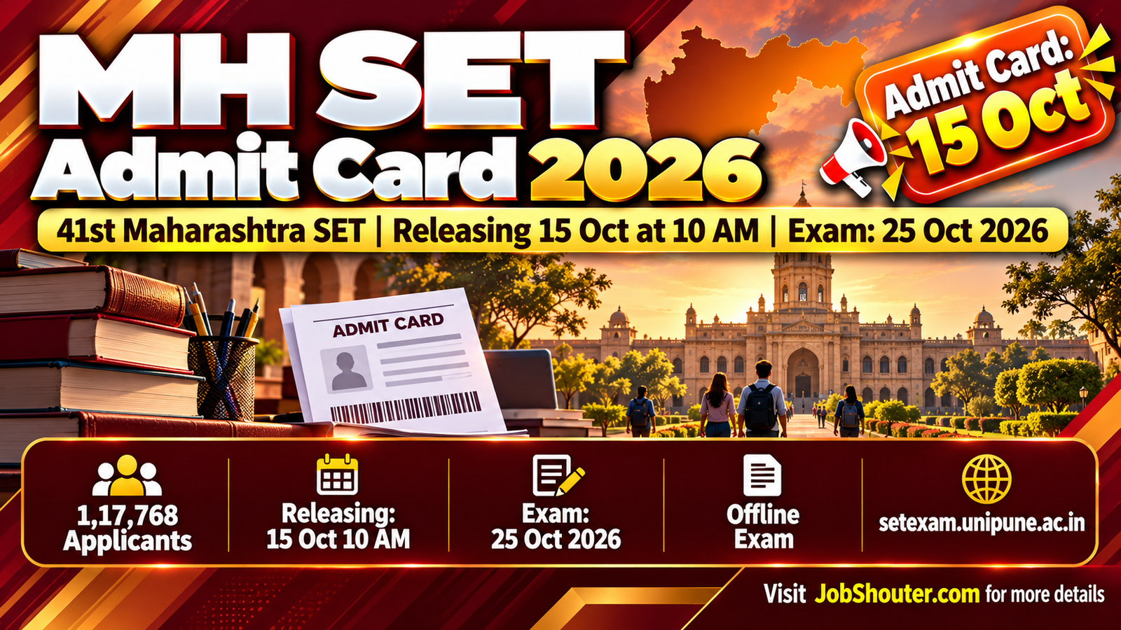 MH SET Maharashtra State Eligibility Test 2026 Admit Card releasing 15 October 2026 at 10 AM exam on 25 October 2026 41st Maharashtra SET download hall ticket at setexam unipune ac in