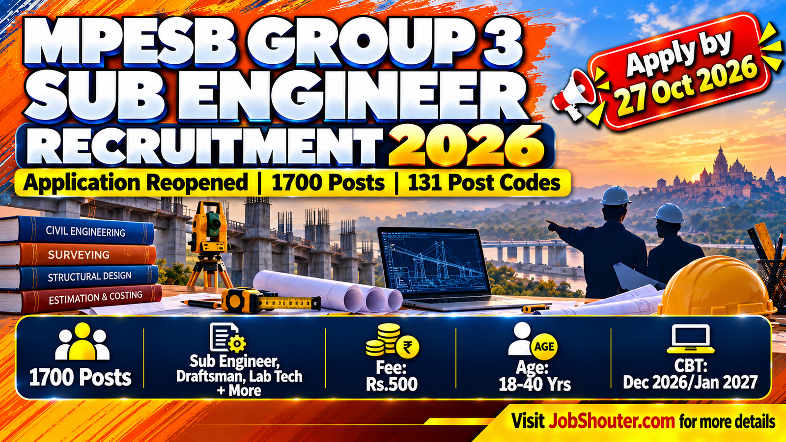 Madhya Pradesh Employees Selection Board MPESB Group 3 Sub Engineer Draftsman Cartographer Laboratory Technician Surveyor Combined Recruitment Examination 2026 Second for 1700 posts across 131 post codes application reopened 13 October to 27 October 2026 fee Rs 500 unreserved Rs 250 SC ST OBC EWS PwBD CBT December 2026 January 2027 esb mp gov in