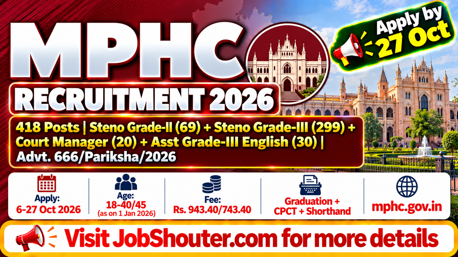 MPHC Recruitment 2026 - Apply for 418 Stenographer and Assistant Posts by 27 Oct