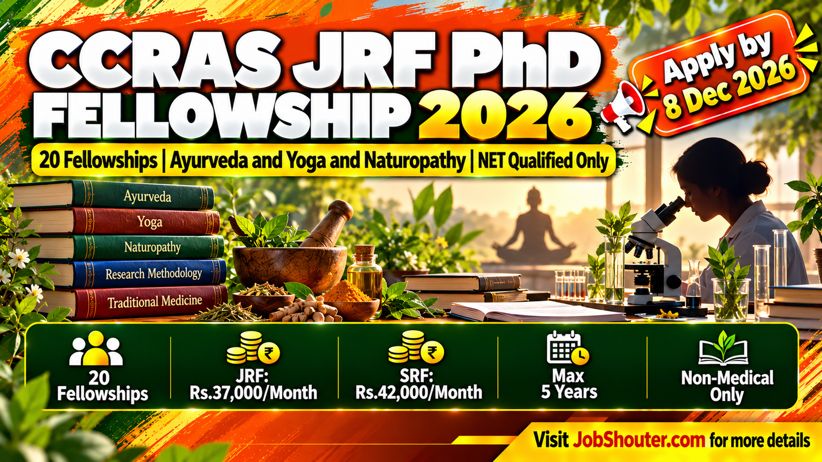 Central Council for Research in Ayurvedic Sciences CCRAS Ministry of Ayush Government of India PhD Fellowship Junior Research Fellow JRF Recruitment 2026 Advertisement No 05 2026 PhD for 20 fellowships 16 Ayurveda under CCRAS 4 Yoga Naturopathy under CCRYN NET qualified Non-Ayush Non-Medical candidates Rs 37000 per month JRF Rs 42000 SRF apply online by 8 December 2026 ccras nic in phd ccras org in