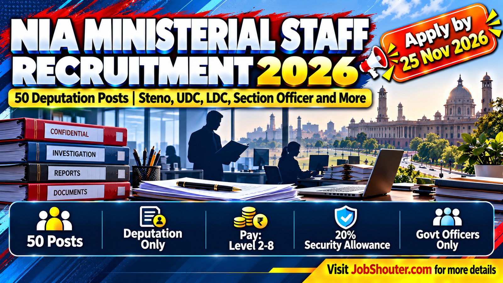 National Investigation Agency NIA Ministry of Home Affairs Government of India Ministerial Staff deputation recruitment 2026 Advertisement E-74 002 CF No 11377 Depn-MS NIA 2026 12134 dated 25 September 2026 for 50 posts Senior Private Secretary Section Officer Assistant Accountant Stenographer Grade I Grade II UDC LDC Level 2 to Level 8 pay apply offline through proper channel by 25 November 2026 nia gov in