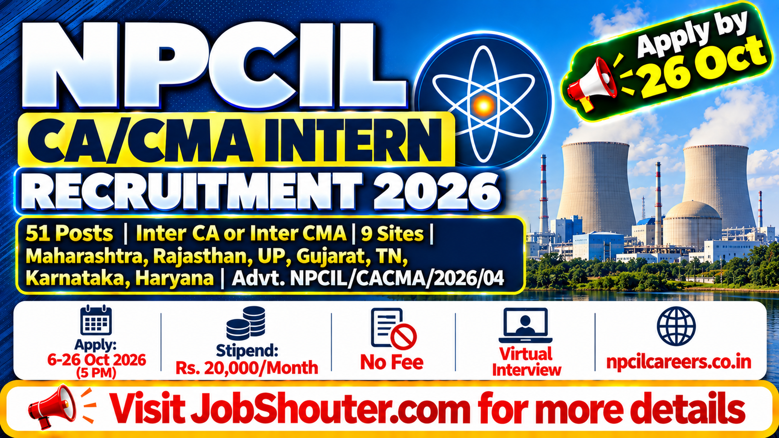 NPCIL CA/CMA Intern Recruitment 2026 - Apply for 51 Posts by 26 Oct