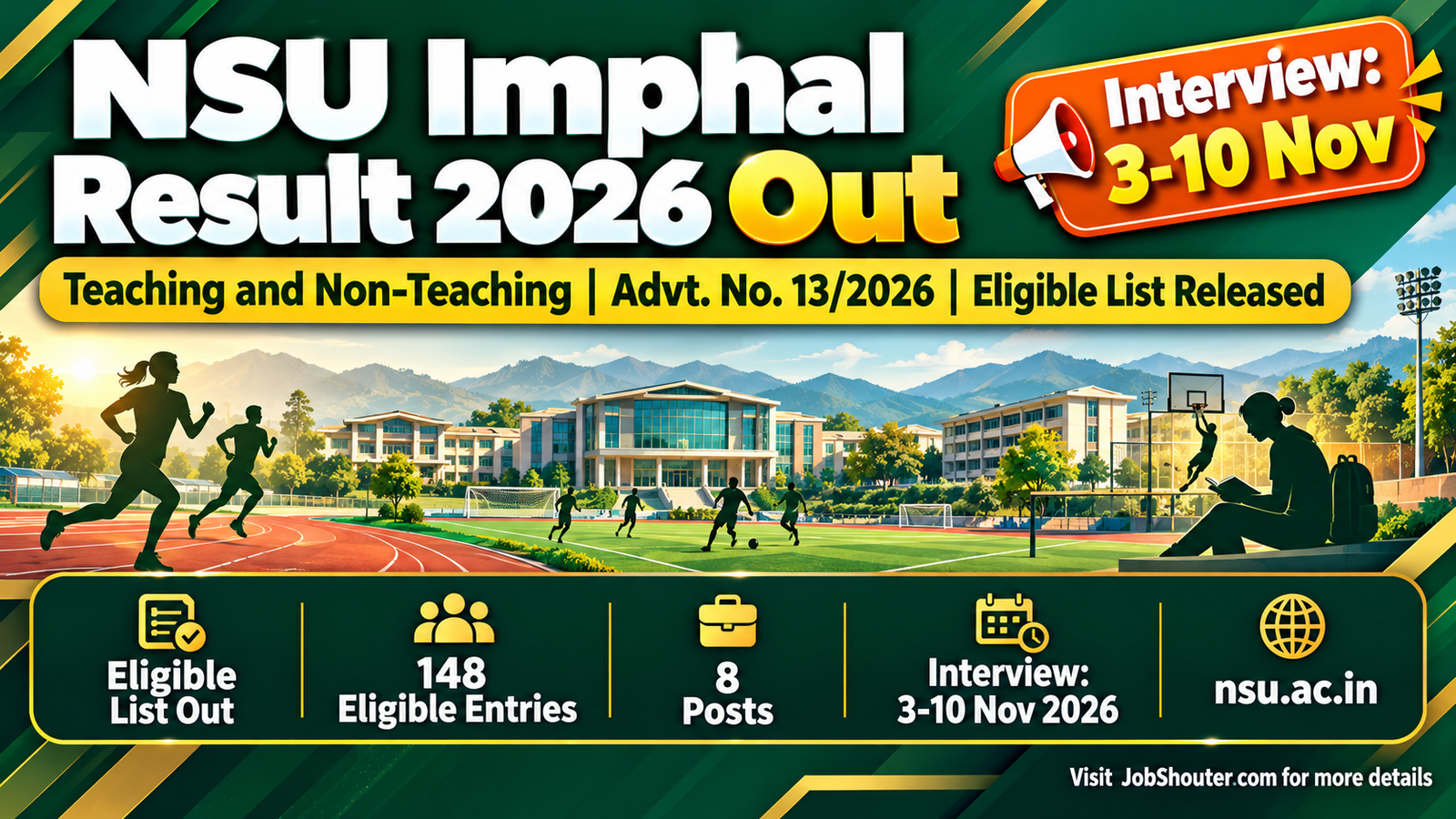 NSU Imphal National Sports University Teaching and Non-Teaching contractual posts eligible and non-eligible list result 2026 released on 9 October 2026 interview schedule 3 to 10 November 2026 at nsu ac in