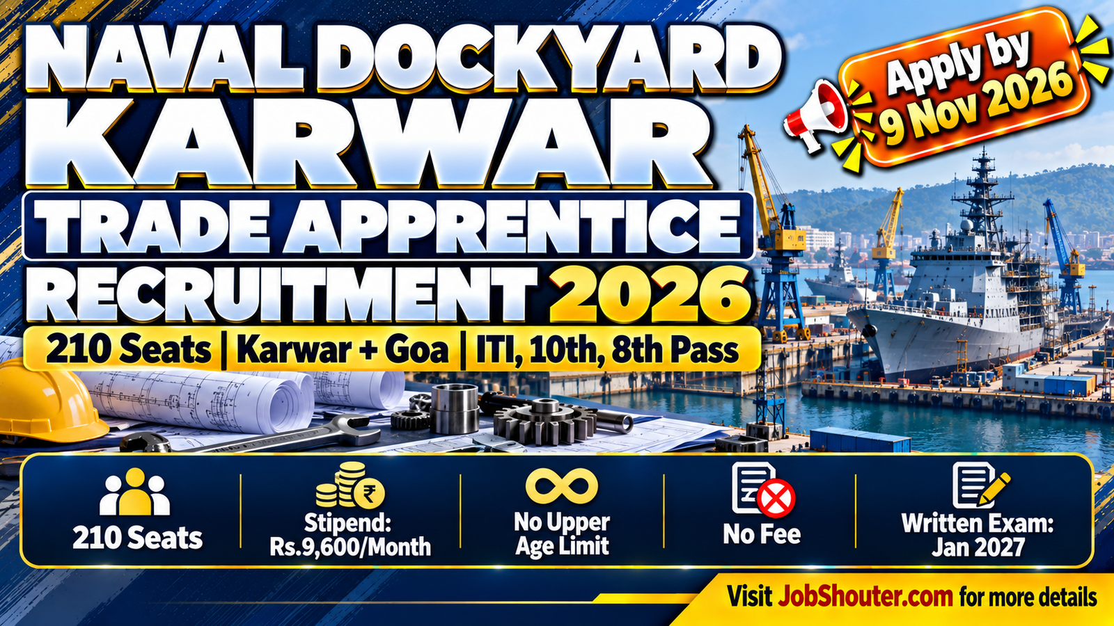 Indian Navy Naval Dockyard Karwar Trade Apprentice Recruitment 2026 for 210 seats 180 at Naval Dockyard Karwar Karnataka and 30 at Naval Aircraft Yard Goa Dabolim under Apprentices Act 1961 training year 2027-28 ITI 10th 8th pass eligible stipend Rs 9600 per month apply online apprenticeshipindia gov in printed profile last date 9 November 2026 written exam January 2027