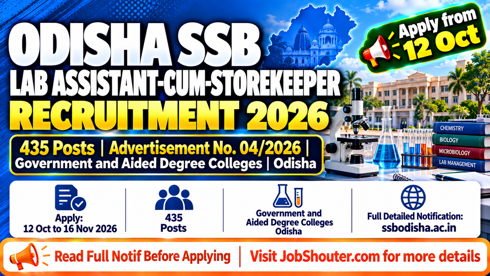 Odisha SSB Lab Assistant-Cum-Storekeeper Recruitment 2026 - 435 Posts - Apply 12 Oct to 16 Nov