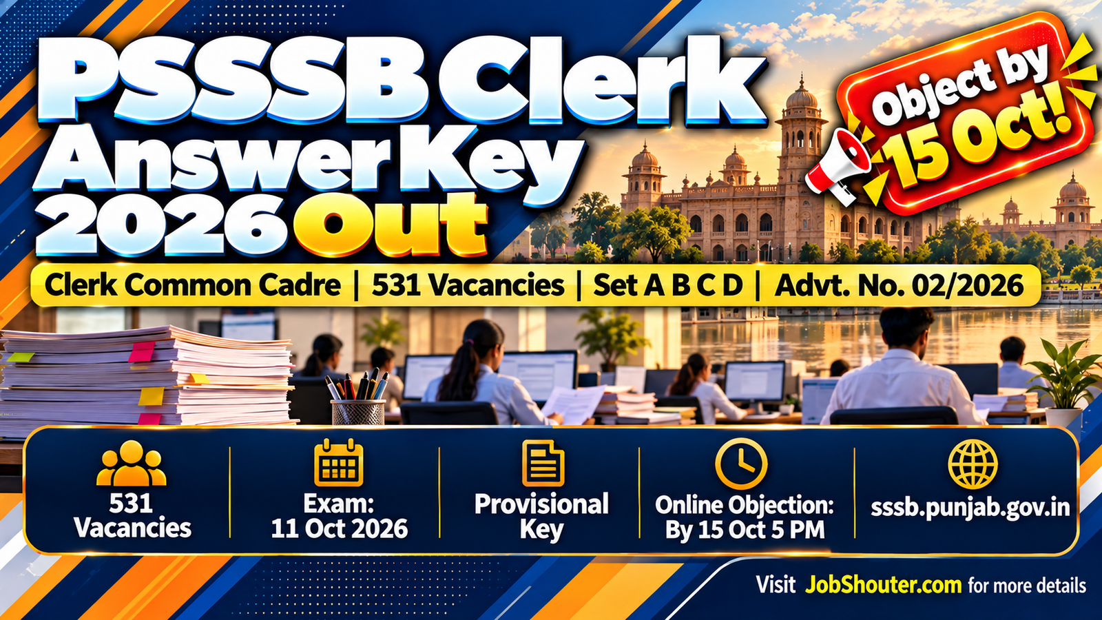 PSSSB Clerk Common Cadre Provisional Answer Key 2026 released 12 October 2026 for written exam held 11 October 2026 Advertisement No 02 2026 531 vacancies Set A B C D online objection by 15 October 5 PM sssb punjab gov in
