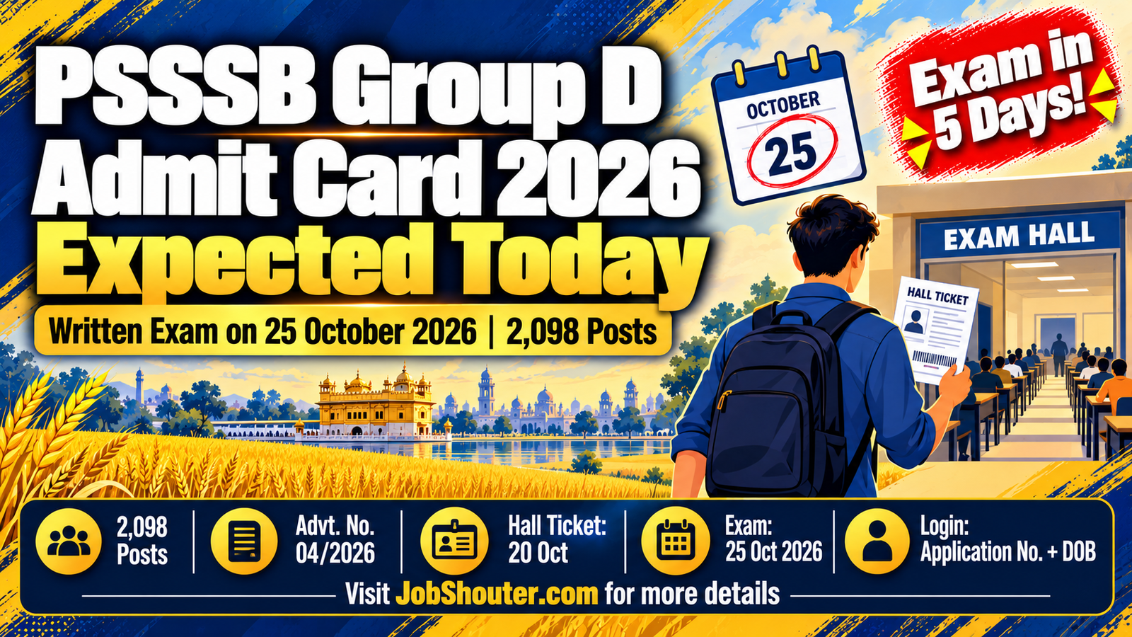 PSSSB Group D Admit Card 2026 - Exam 25 Oct - 2098 Posts