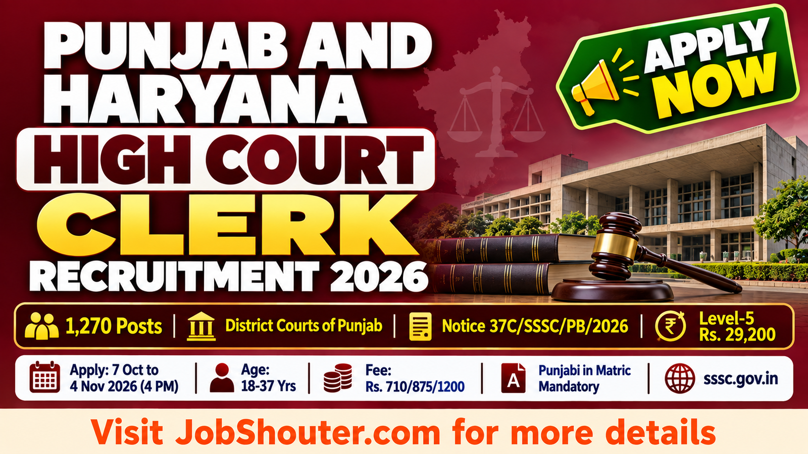 Punjab and Haryana High Court Clerk Recruitment 2026 - Apply for 1270 Posts