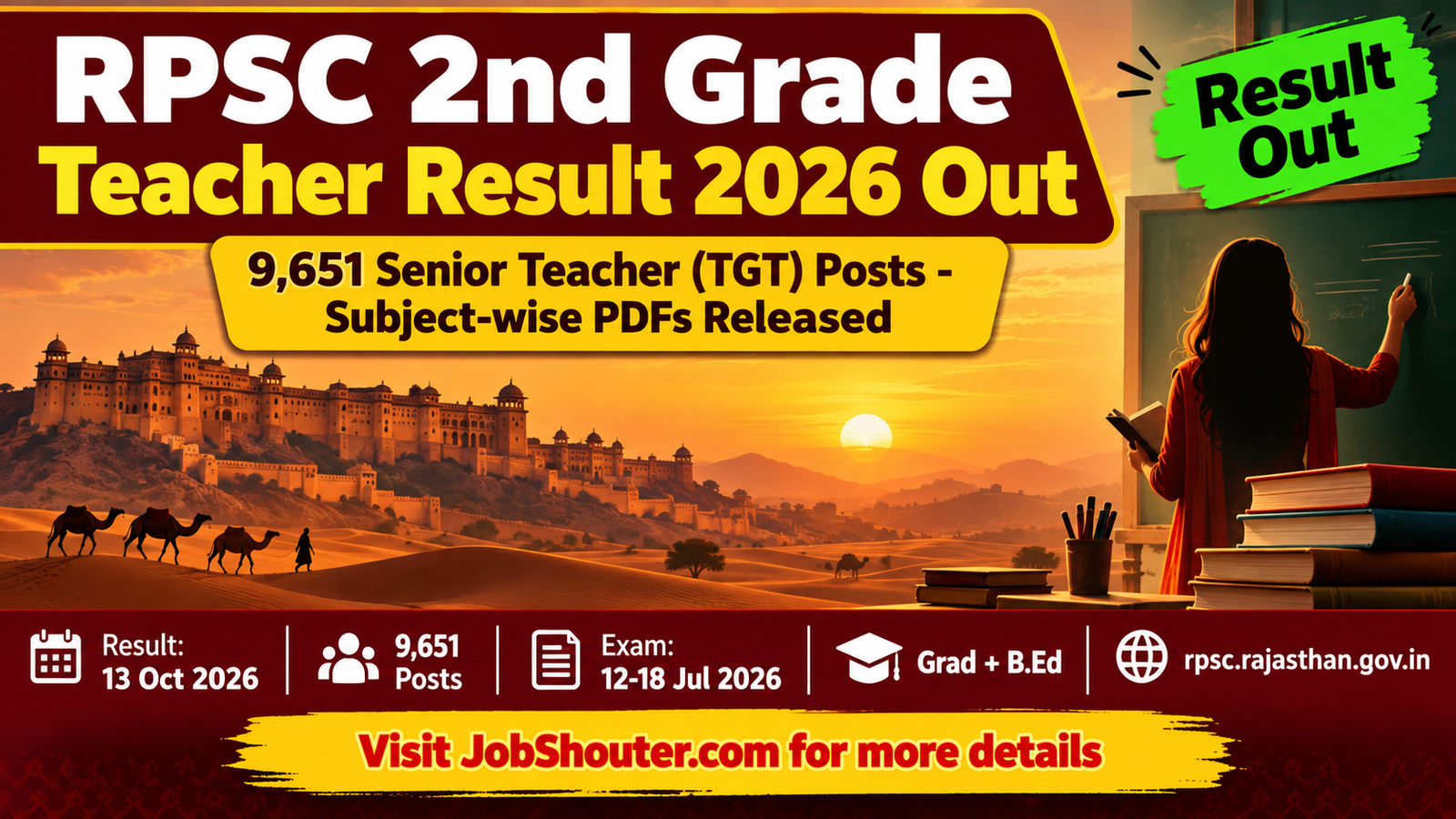 RPSC 2nd Grade Teacher Result 2026 declared on 13 October 2026 by Rajasthan Public Service Commission for 9651 Senior Teacher TGT posts written exam held 12 to 18 July 2026 check subject wise result PDFs at rpsc rajasthan gov in