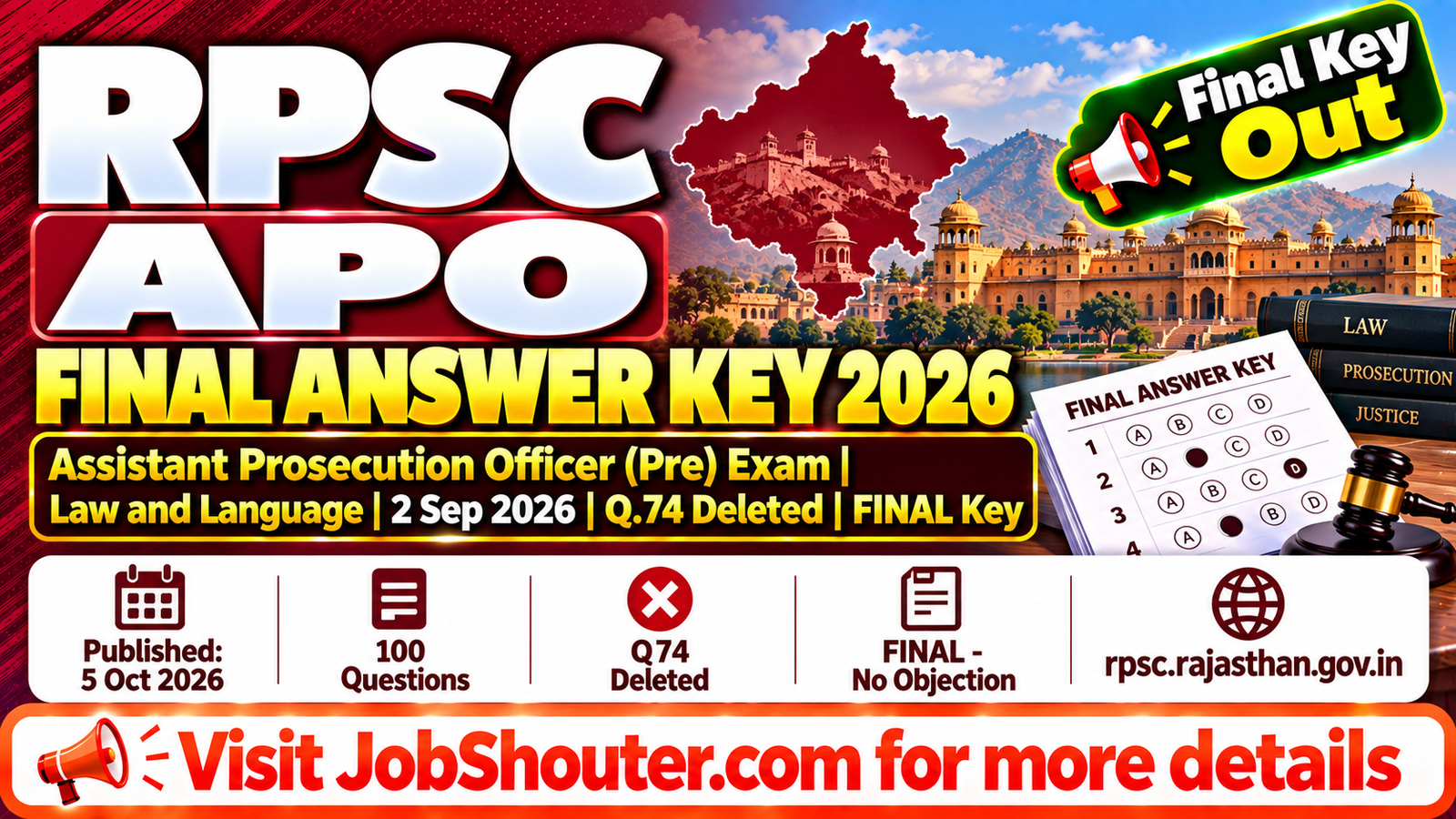RPSC APO Final Answer Key 2026 - Download Pre Exam PDF - Q74 Deleted