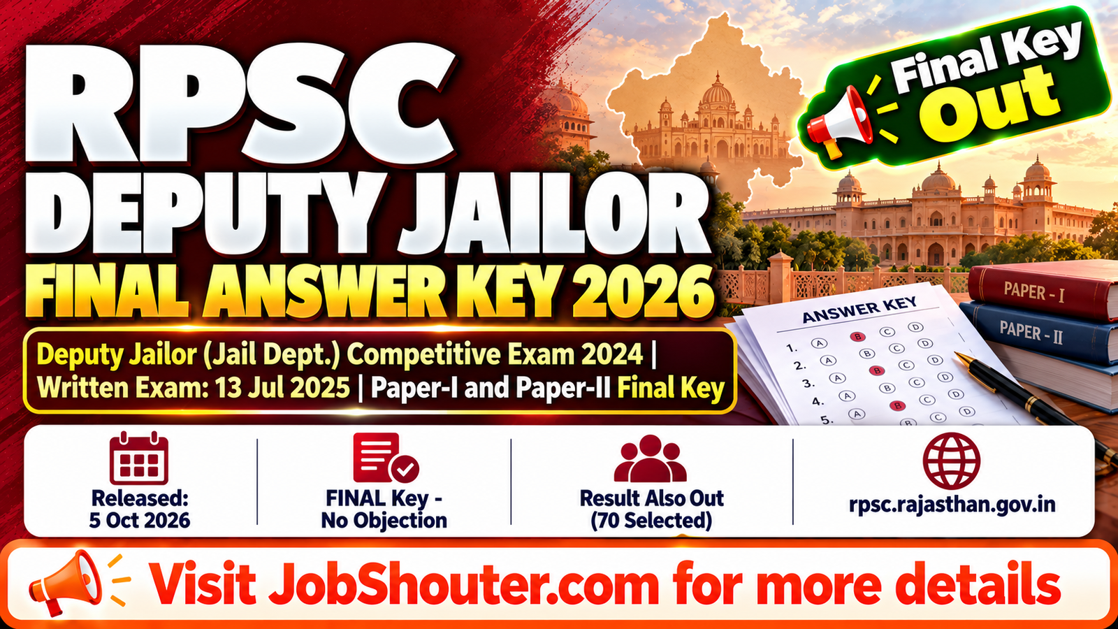 RPSC Deputy Jailor Final Answer Key 2026 - Paper-I and II PDF Download