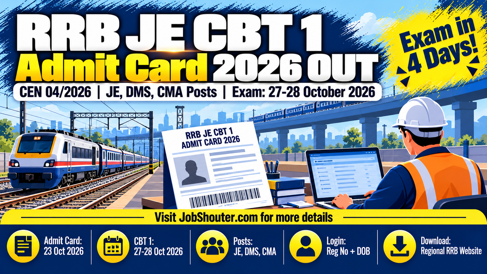 RRB JE CBT 1 Admit Card 2026 Out - CEN 042026 - Exam 27 Oct