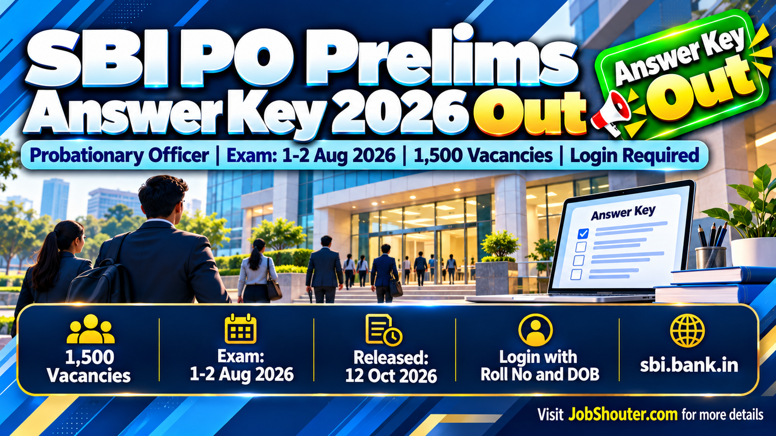 SBI PO Prelims Answer Key 2026 released on 12 October 2026 by State Bank of India for exam held 1 and 2 August 2026 login with Roll Number and Date of Birth at sbi bank in 1500 vacancies