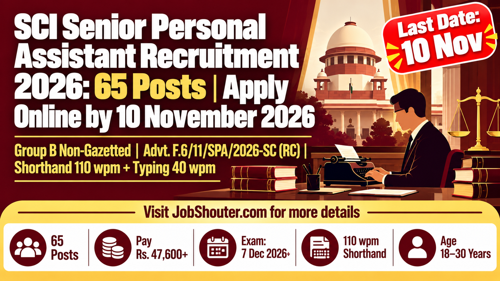 SCI Senior Personal Assistant Recruitment 2026 - 65 Posts - Apply by 10 Nov