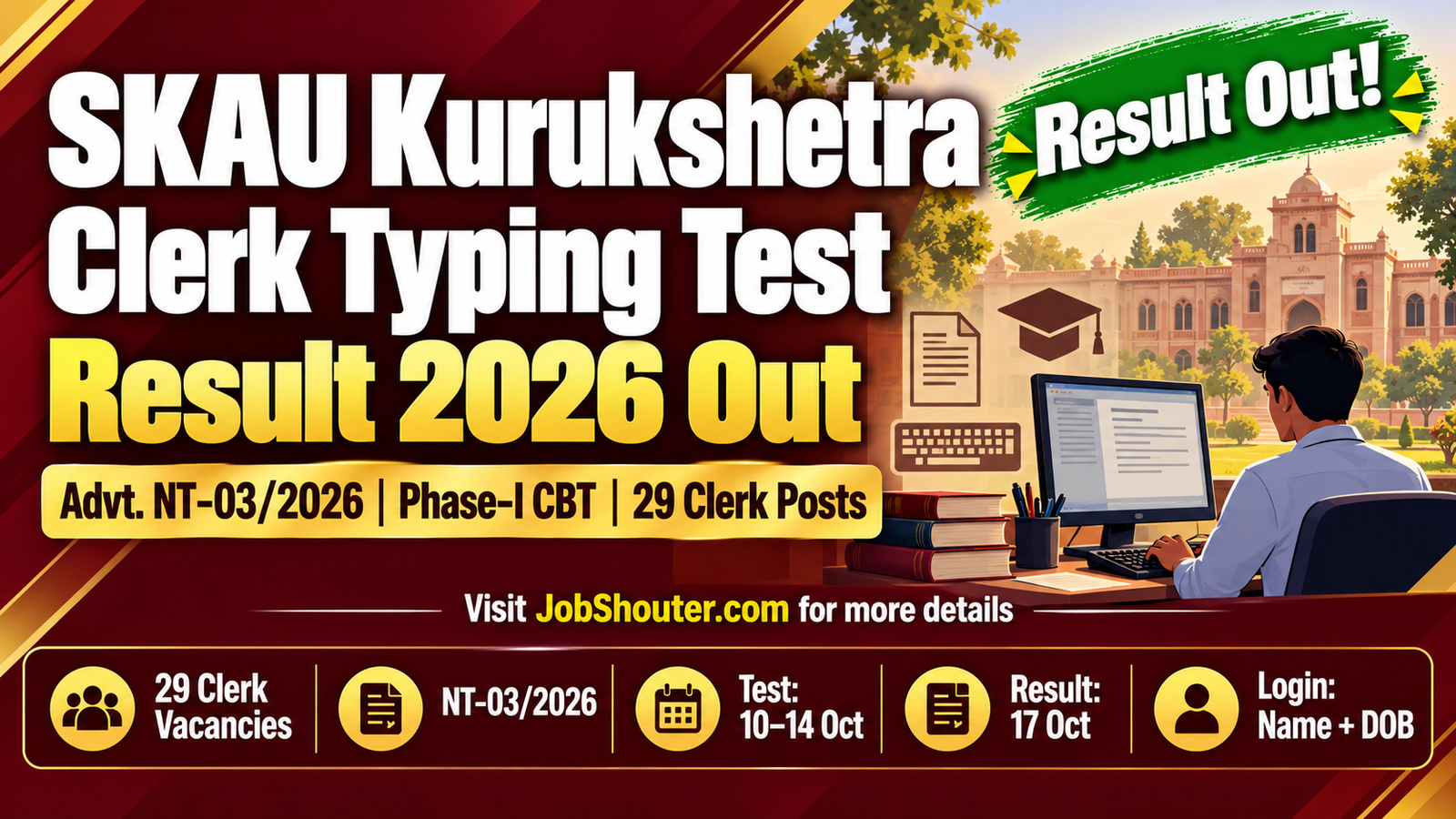 SKAU Clerk Typing Test Result 2026 Out - Check Phase-I Result at skau.eapplynow.com