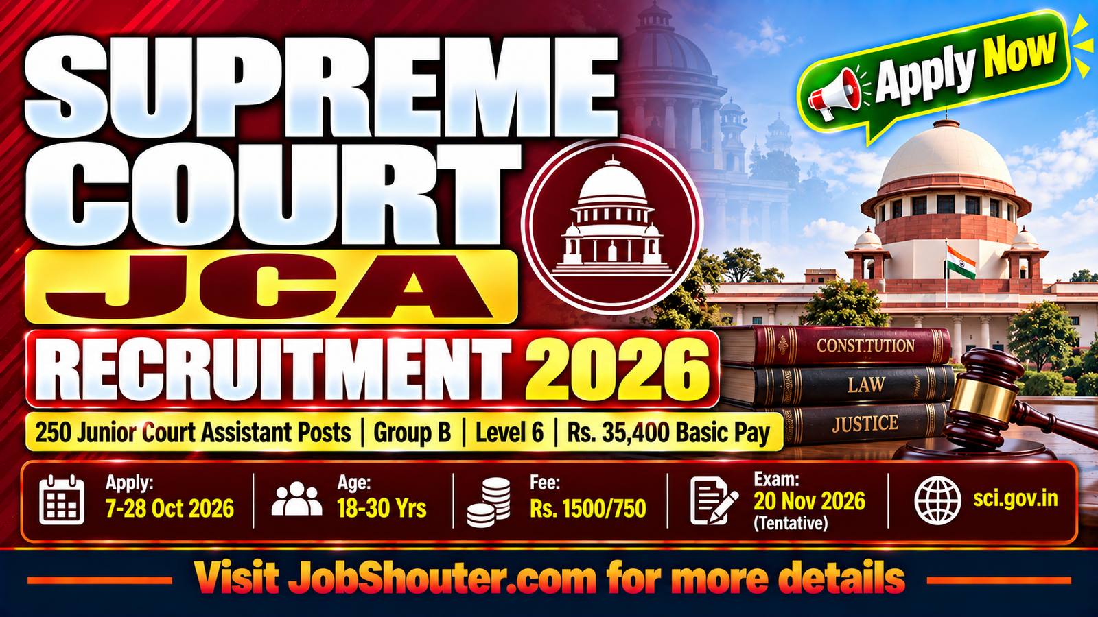 Supreme Court JCA Recruitment 2026 - Apply for 250 Posts at sci.gov.in