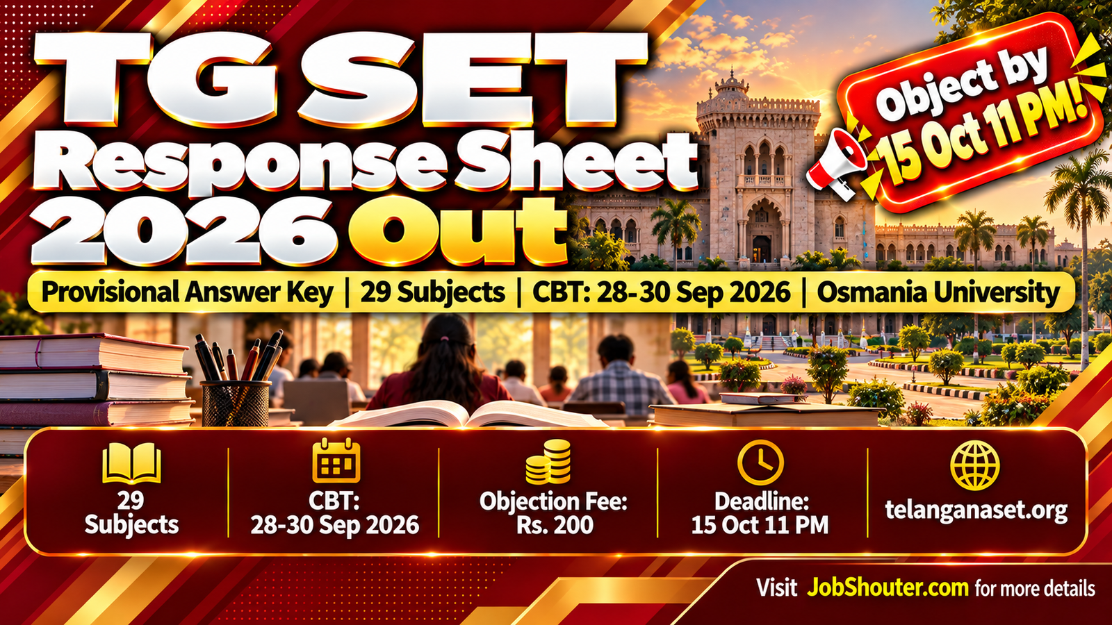 TG SET Response Sheet 2026 out by Osmania University for Telangana State Eligibility Test CBT held 28 29 30 September 2026 29 subjects provisional answer key released objection window 12 to 15 October 2026 Rs 200 per question at tgset aptonline in