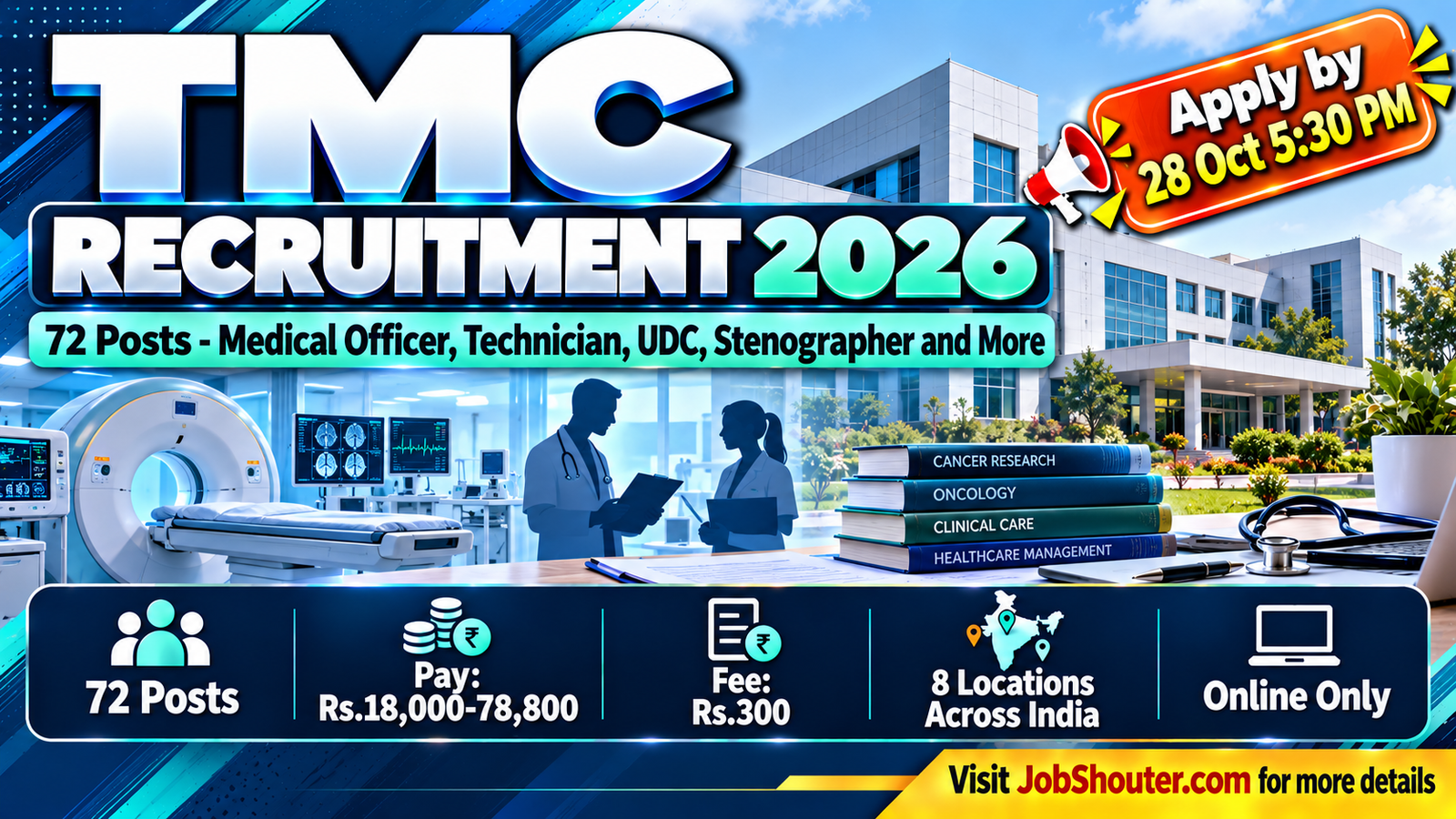 Tata Memorial Centre TMC Recruitment 2026 Advertisement No TMC ADI 119 2026 dated 28 September 2026 for 72 posts Medical Officer Scientific Officer Medical Physicist Technician Administrative Officer Stenographer Upper Division Clerk Attendant Trade Helper at Mumbai Guwahati Muzaffarpur New Chandigarh Sangrur Visakhapatnam Varanasi Navi Mumbai apply online by 28 October 2026 5:30 PM tmc gov in