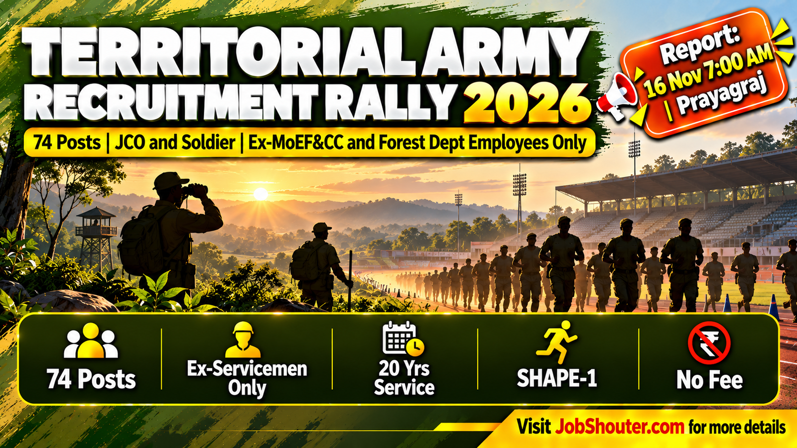 137 Composite Ecological Task Force Battalion Territorial Army 39 Gorkha Rifles Recruitment Rally 2026 for 74 posts Junior Commissioned Officer General Duty Soldier posts exclusively for ex-servicemen pension holders and ex-women employees of Ministry of Environment Forest and Climate Change and State Forest Departments report 16 November 2026 7 AM Major Dhyan Chand Stadium New Cantt Prayagraj Uttar Pradesh indianarmy nic in