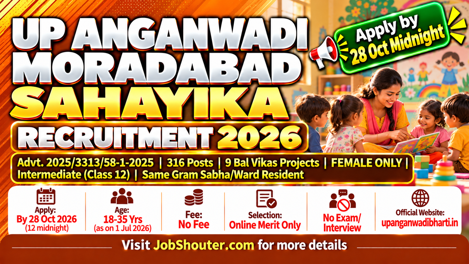 UP Anganwadi Moradabad Sahayika Recruitment 2026 - Apply Online for 316 Posts by 28 Oct