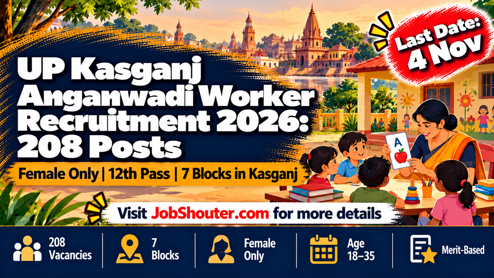 UP Kasganj Anganwadi Worker Recruitment 2026 - 208 Posts - Apply by 4 Nov
