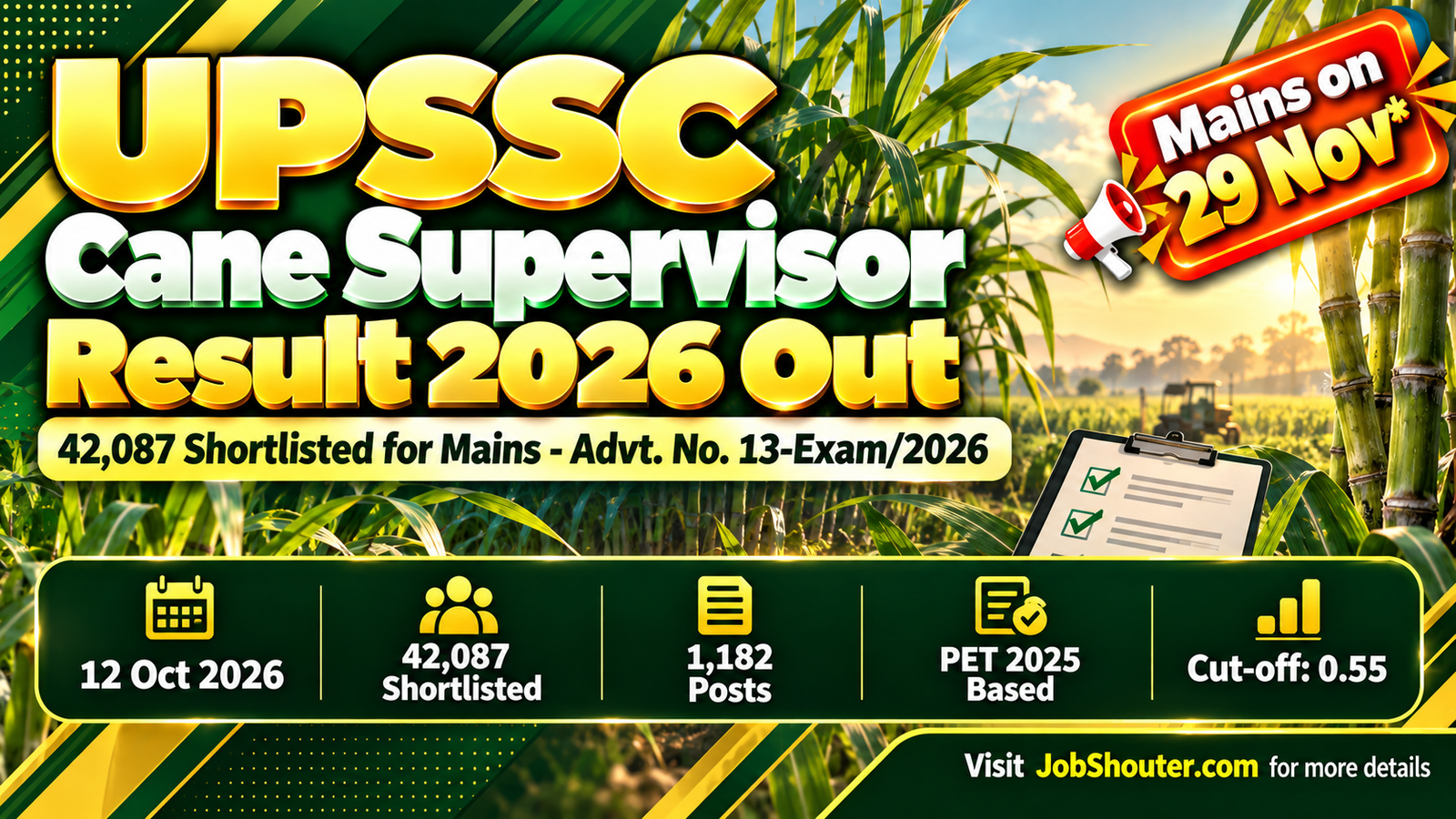 UPSSSC Cane Supervisor Mains Eligibility Result 2026 out on 12 October 2026 under Advertisement No 13-Exam 2026 42087 candidates shortlisted for 1182 posts based on PET 2025 normalised scores check at upsssc gov in