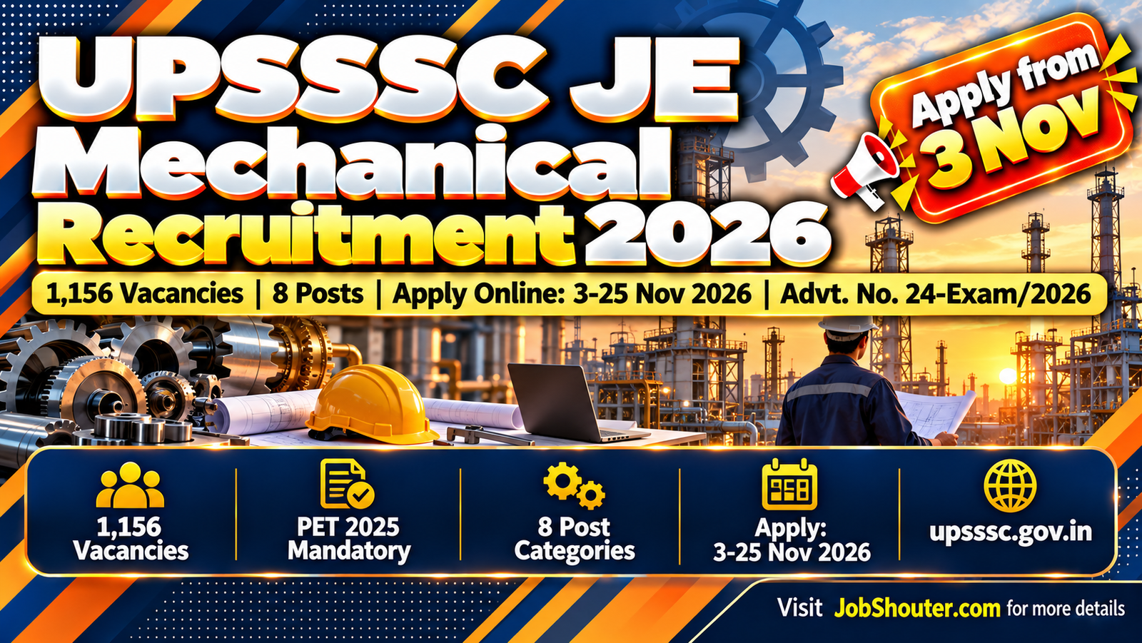 UPSSSC Combined Junior Engineer Mechanical Recruitment 2026 Advertisement No 24 Exam 2026 1156 vacancies JE Mechanic Technical Assistant Assistant Engineer apply online 3 to 25 November 2026 PET 2025 mandatory upsssc gov in