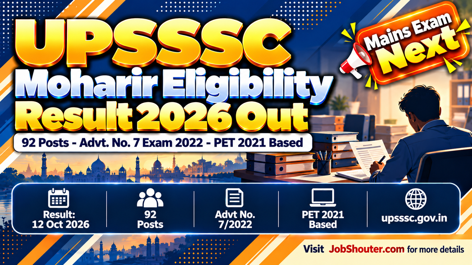 UPSSSC Moharir Eligibility Result 2026 released on 12 October 2026 by Uttar Pradesh Subordinate Services Selection Commission for 92 Moharir posts under Advertisement No 7 Exam 2022 based on PET 2021 scores check at upsssc gov in