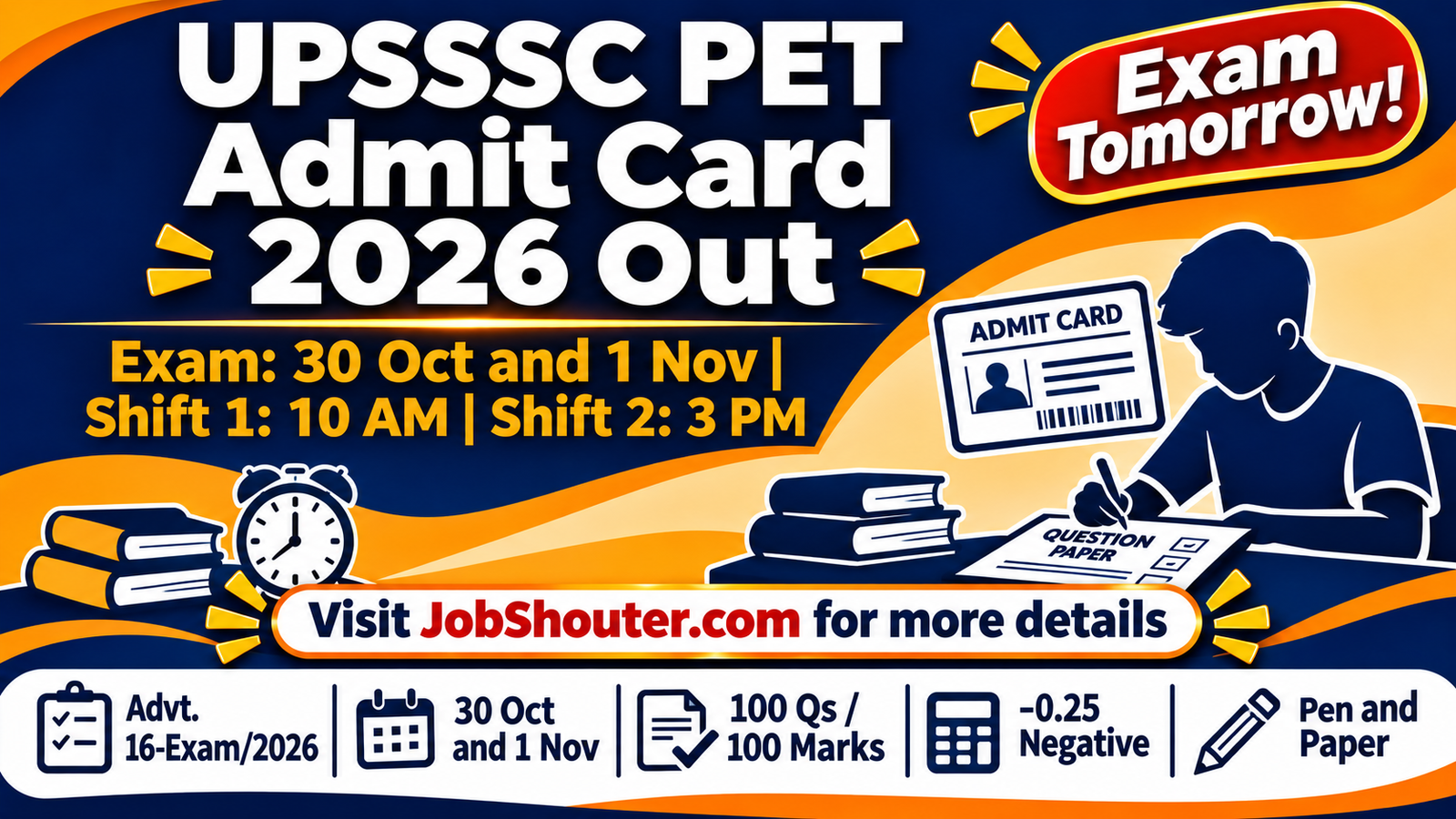 UPSSSC PET Admit Card 2026 Out - Exam on 30 Oct and 1 Nov