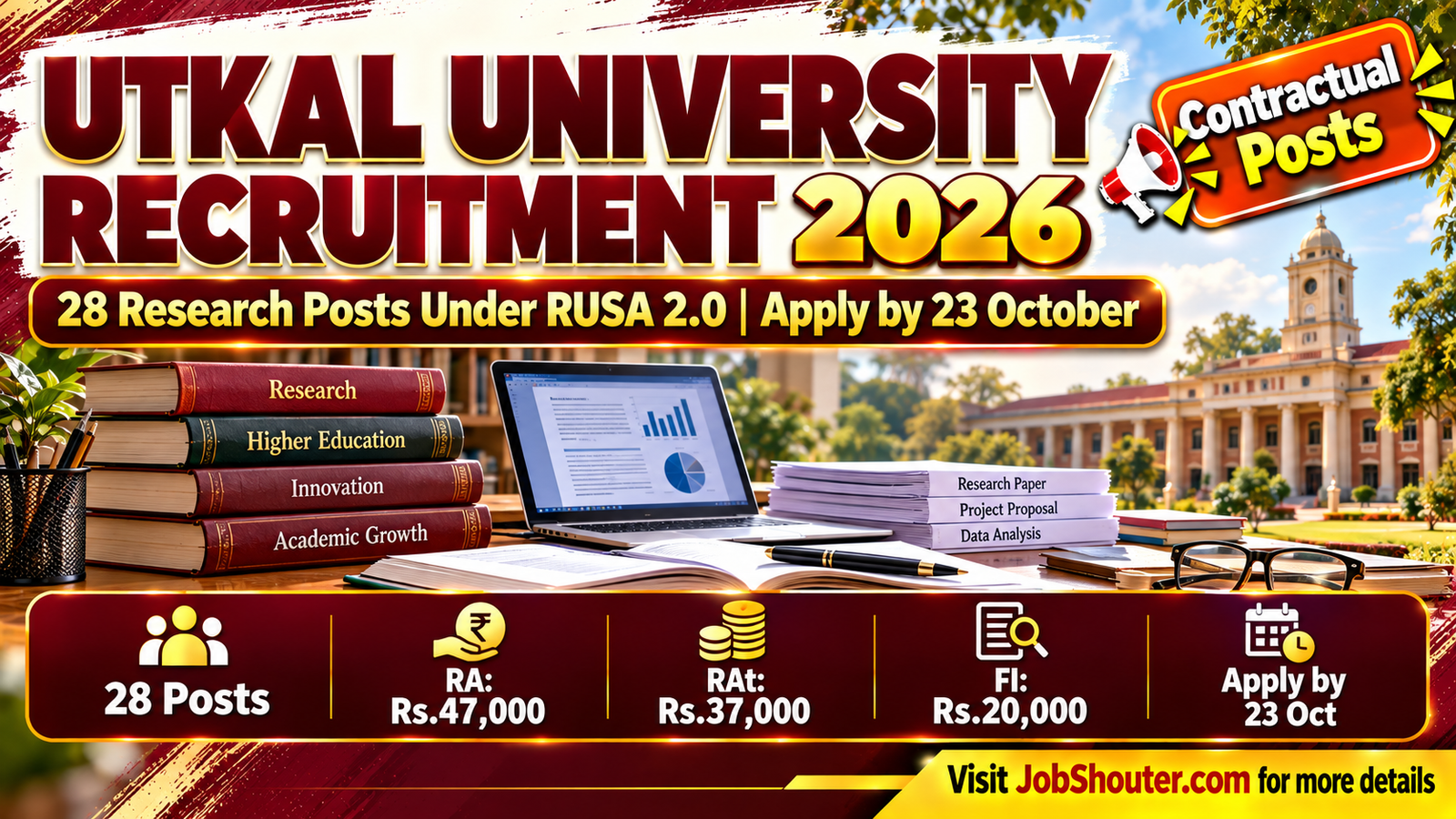 Utkal University Vani Vihar Bhubaneswar Recruitment 2026 Advertisement R&D-CF-RUSA 2.0 CoEs-01 2026 for 28 temporary contractual posts Research Associate Rs 47000 Research Assistant Rs 37000 Field Investigator Rs 20000 Research-cum-Academic Coordinator under RUSA 2.0 Centres of Excellence apply by Speed Post and email by 23 October 2026 utkaluniversity ac in