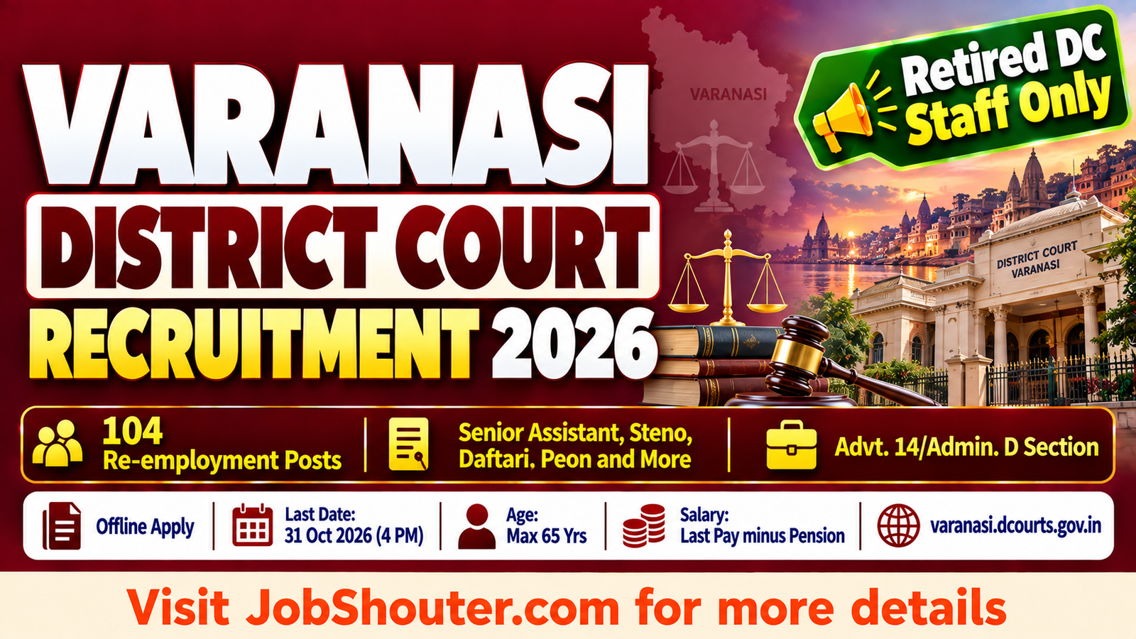 Varanasi District Court Recruitment 2026 - 104 Re-employment Posts - Apply by 31 Oct