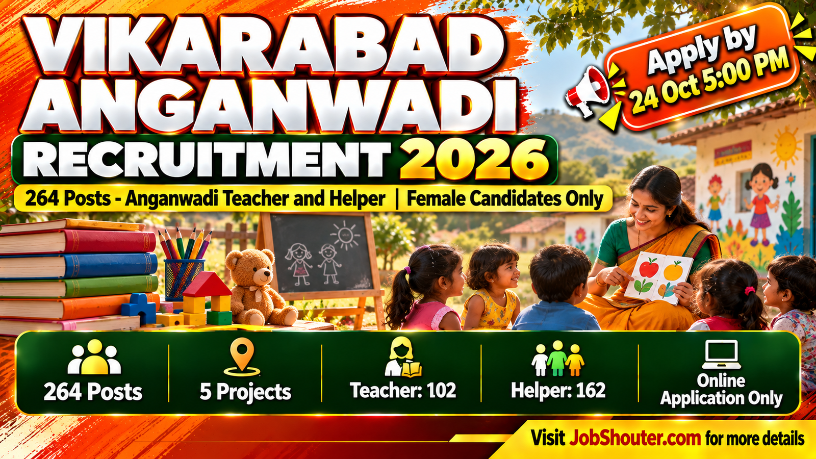 District Welfare Office Vikarabad Women Children Disabled and Senior Citizens Welfare Department Telangana Anganwadi Recruitment 2026 Notification No 164 A DWO VKB 2026 for 264 posts 102 Anganwadi Teacher 162 Anganwadi Helper across five projects Kodangal Marpally Pargi Tandur Vikarabad female candidates only apply online by 24 October 2026 5 PM wdcw tg nic in