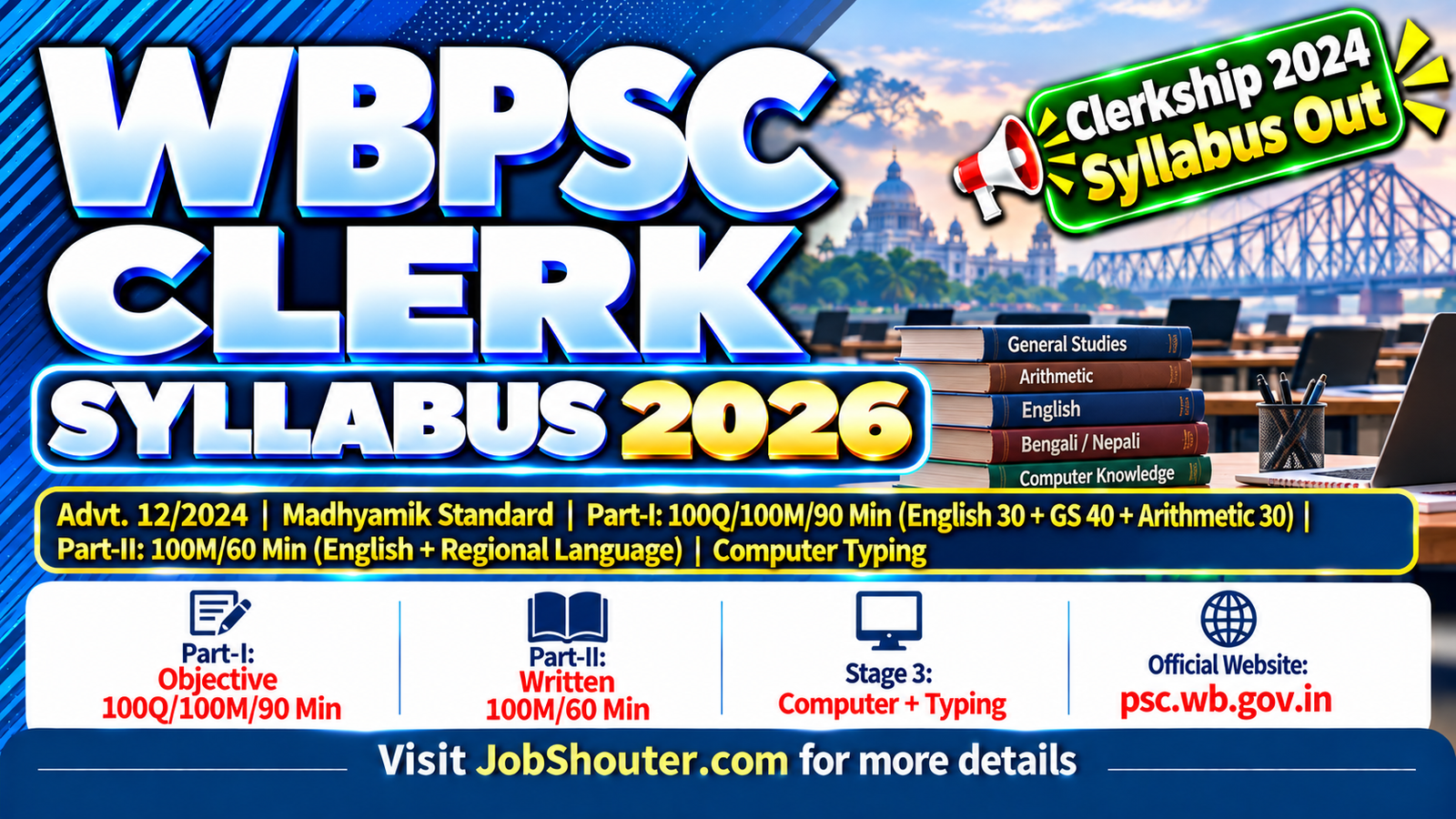 WBPSC Clerk Syllabus 2026 (Advt 122024) - Exam Pattern - Part-I and Part-II Subject-wise Topics