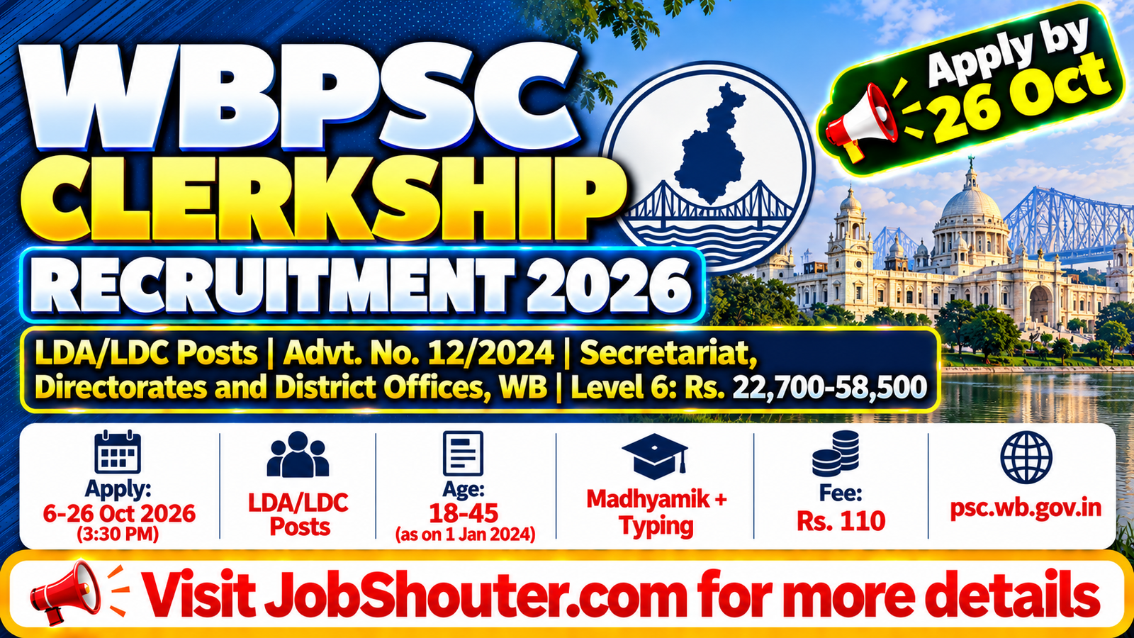 WBPSC Clerkship Recruitment 2026 - Apply for LDALDC Posts by 26 Oct