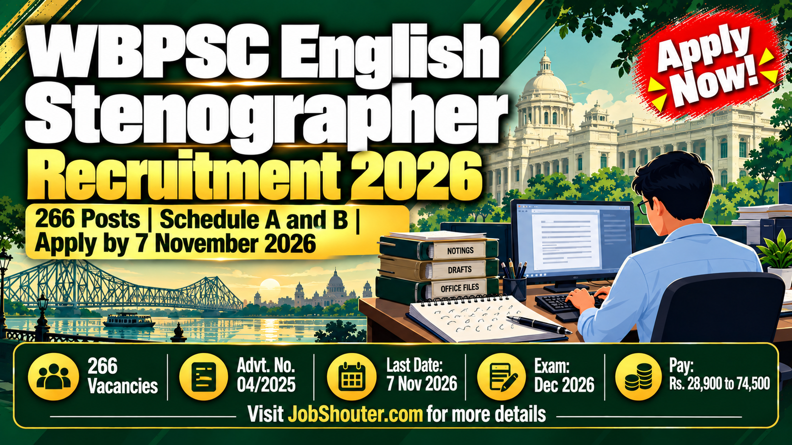 WBPSC English Stenographer Recruitment 2026 - 266 Posts - Apply by 7 Nov
