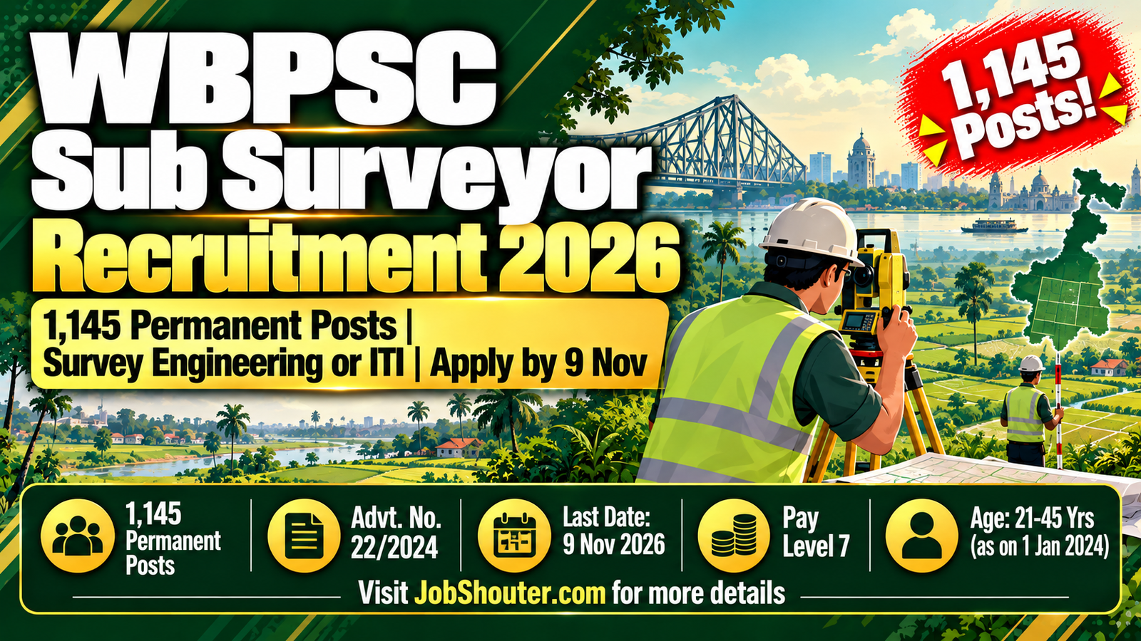 WBPSC Sub Surveyor Recruitment 2026 - 1145 Posts - Apply by 9 Nov