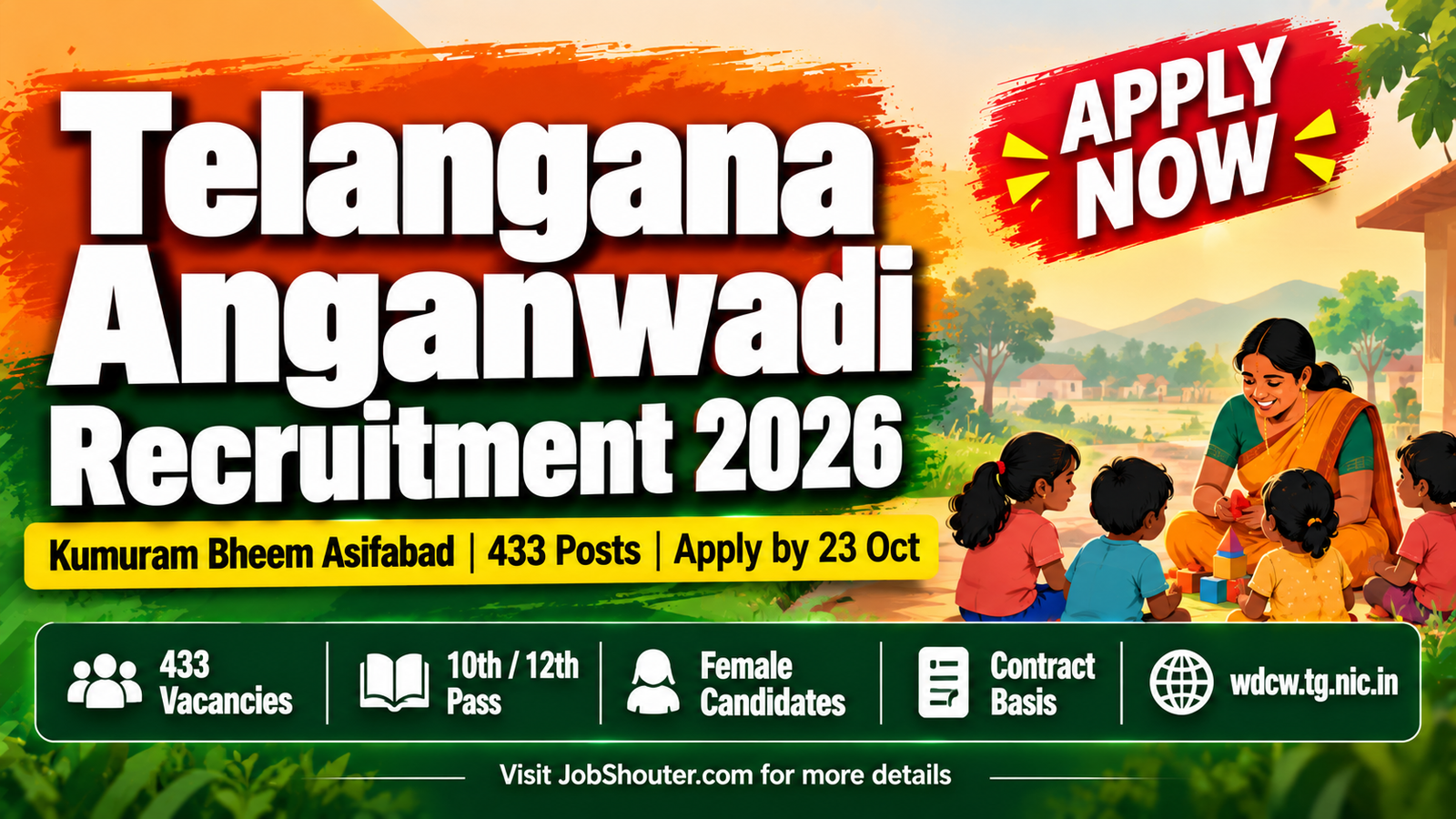 WCD Kumuram Bheem Asifabad Anganwadi Worker Helper Recruitment 2026 apply online for 433 posts before 23 October 2026 at wdcw tg nic in Telangana government jobs