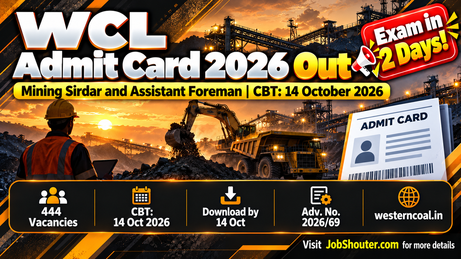 WCL Western Coalfields Limited Mining Sirdar and Assistant Foreman Electrical Admit Card 2026 released CBT exam on 14 October 2026 download call letter at westerncoal in